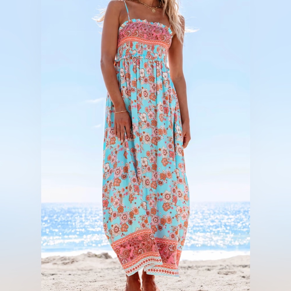 Floral Maxi Sleeveless Dress in Blue & Pink